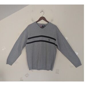 Chaps Ralph Lauren Mens V-Neck Sweater Grey Navy Blue Stripe Cotton‎ Large